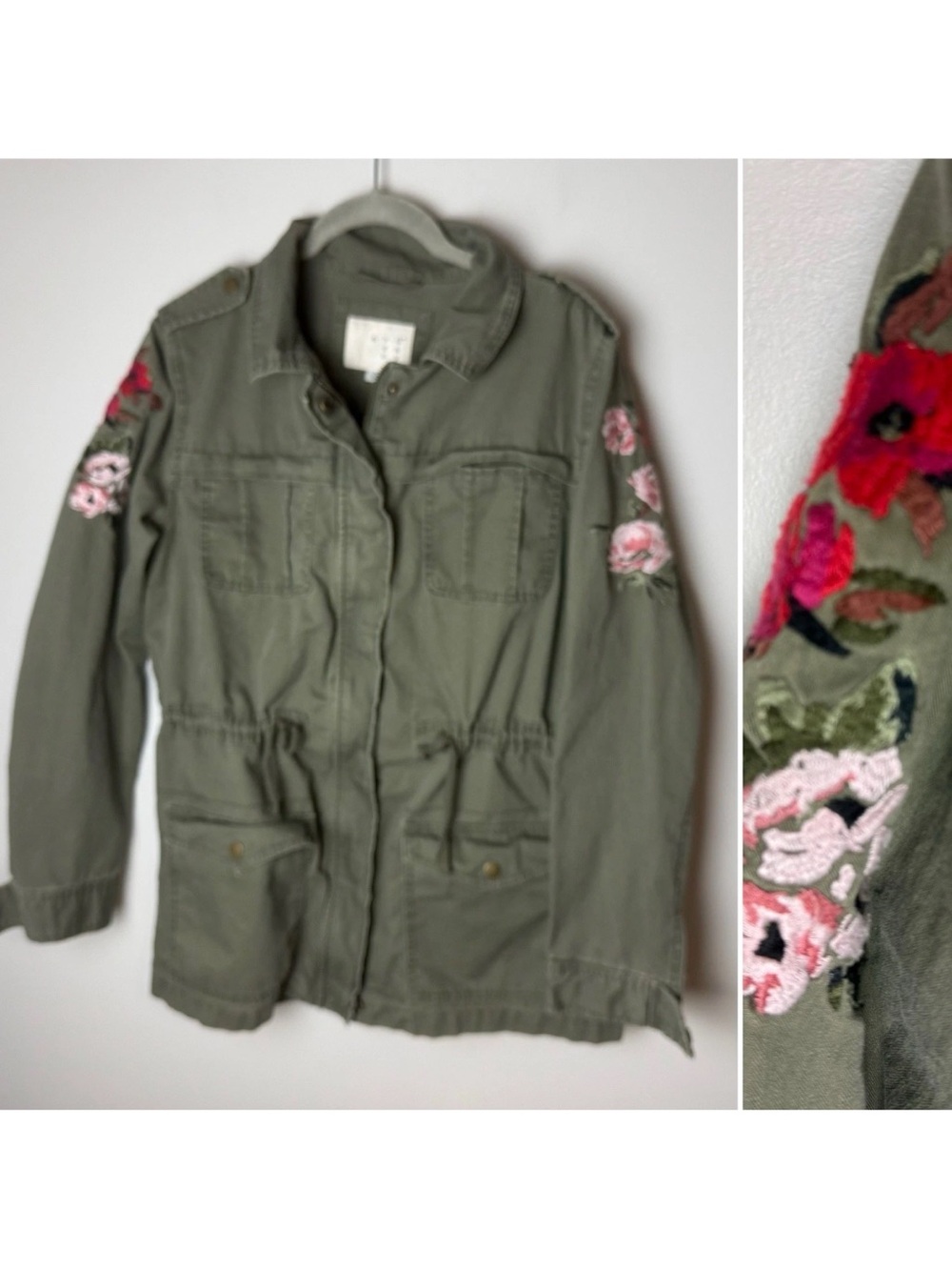 a.n.a. Utility Jacket Size Medium Olive Green Floral Embroidered Military Field